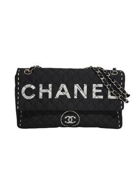 Chanel Quilted Jumbo CC Logo Chain Shoulder Bag Single Flap Black White Silver
